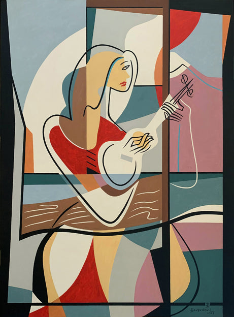 Harmonious Rhapsody -The Woman and Her Ukulele-Open Edtion Art Print by Bernard Simunovic